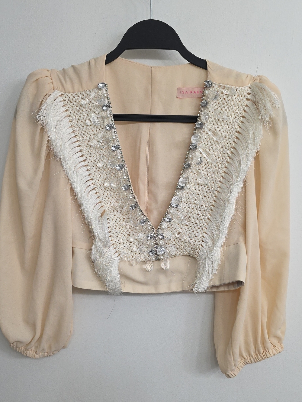 Isa Paes Cream Fringe Embellished V-Neck Women’s Top